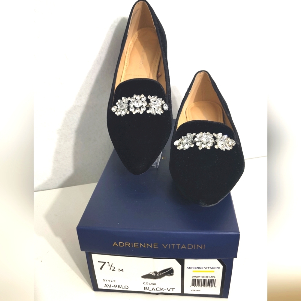 New‎ Adrienne Vittadini Black Velvet Rhinestone Flats Shoes Women's Size 7.5 M